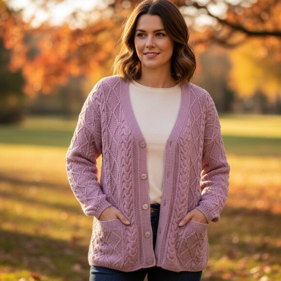 Hand Knitted Cardigan Pink Sweater Chunky Diamond Stitch Oversized M/L - Picture 1 of 10